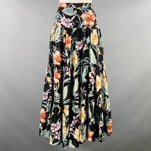 RALPH LAUREN 8 Black Sutton Multi Color Viscose Linen Floral Tiered Maxi Skirt